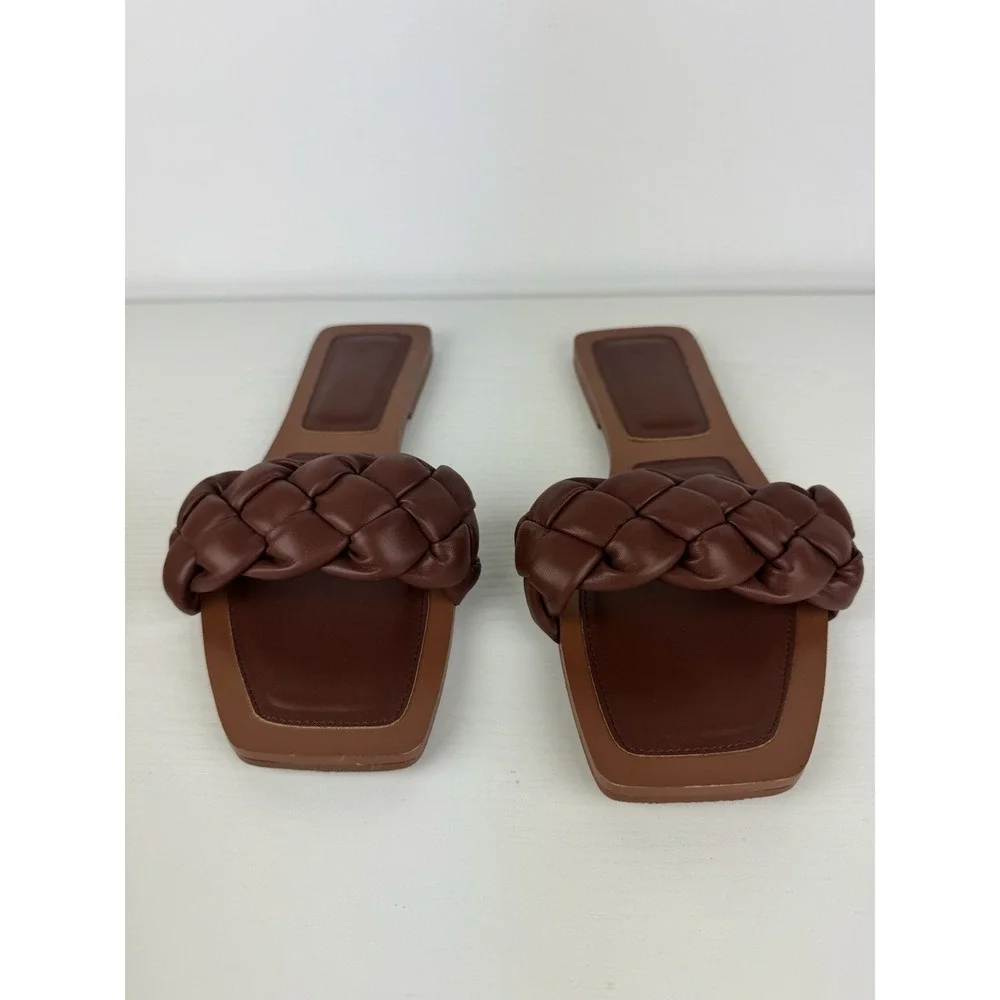 Womens Brown Braided Slide Sandals Square Toe Slip On Flats Size 11 Woven Strap